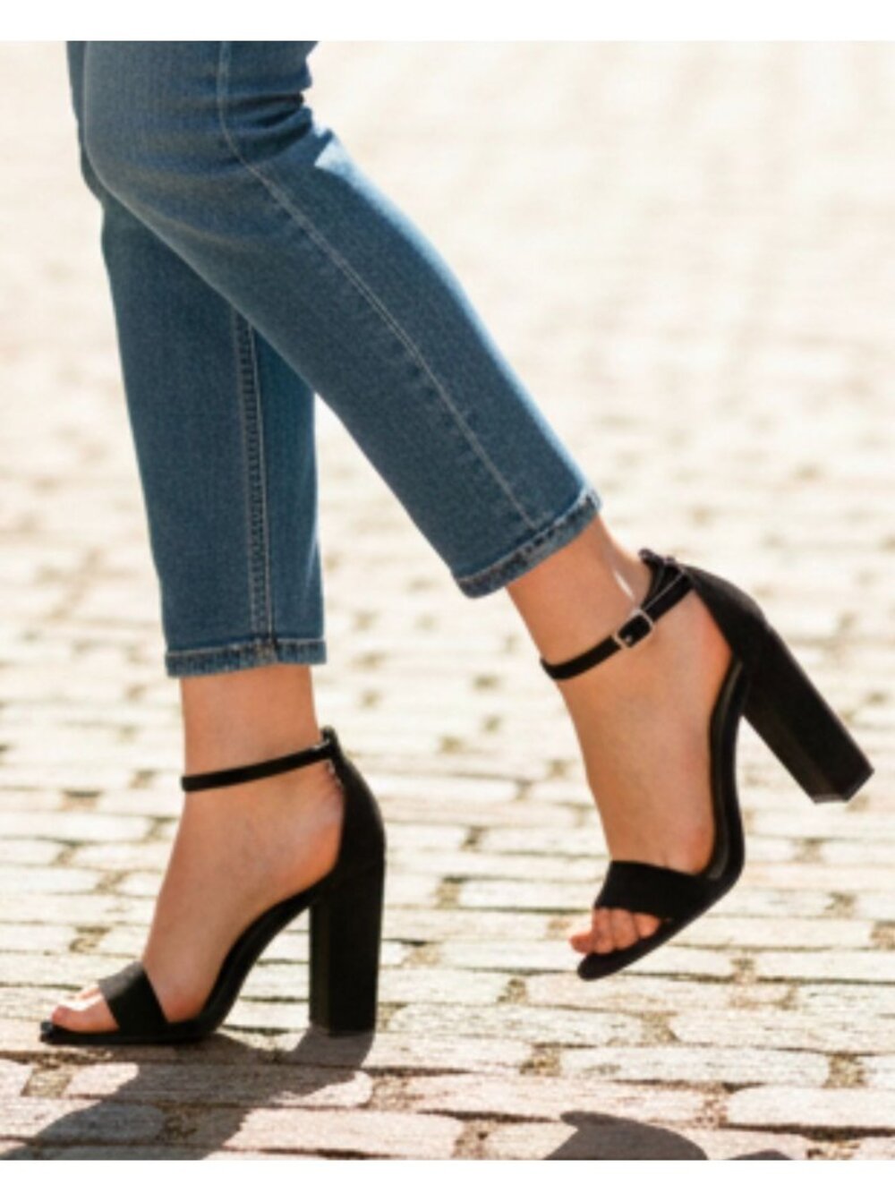 Womens Black Suede Block Heel Sandals With Adjustable Ankle Strap